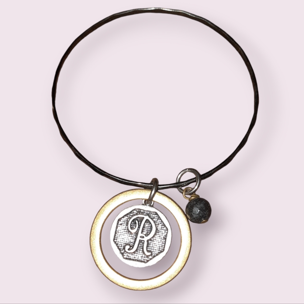 R Initial charm bracelet with agate gemstone bead multi tone metal thin bangle